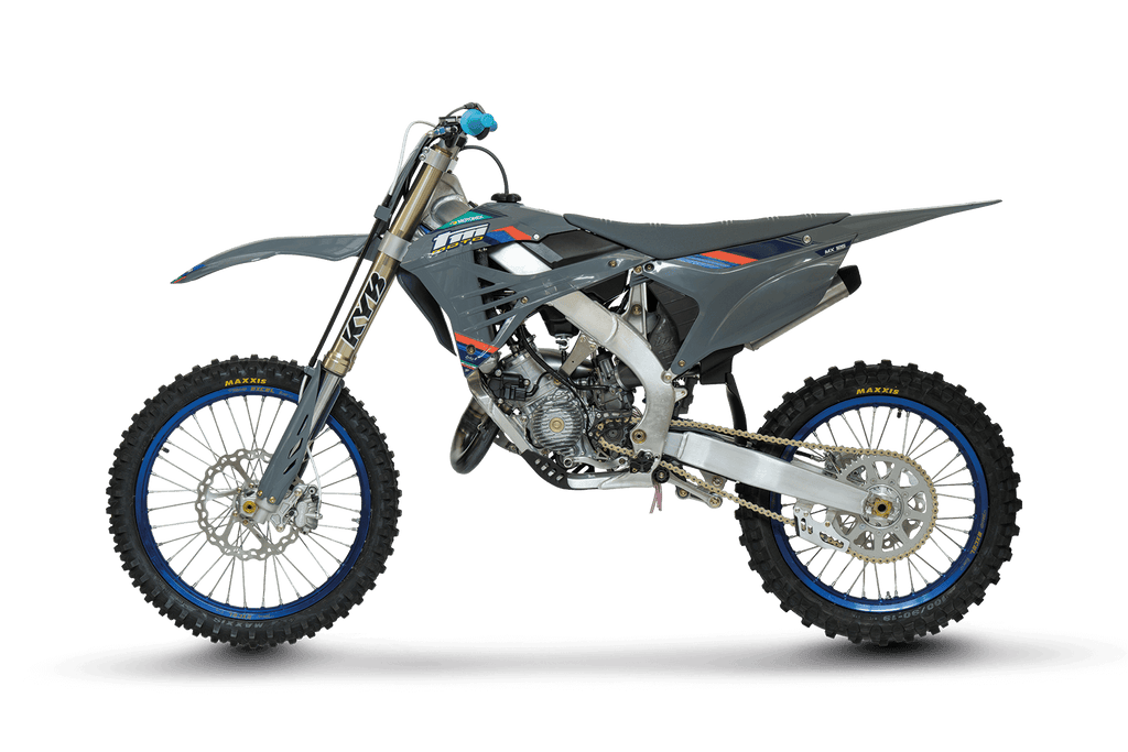 Gray and blue dirt bike on a black background
