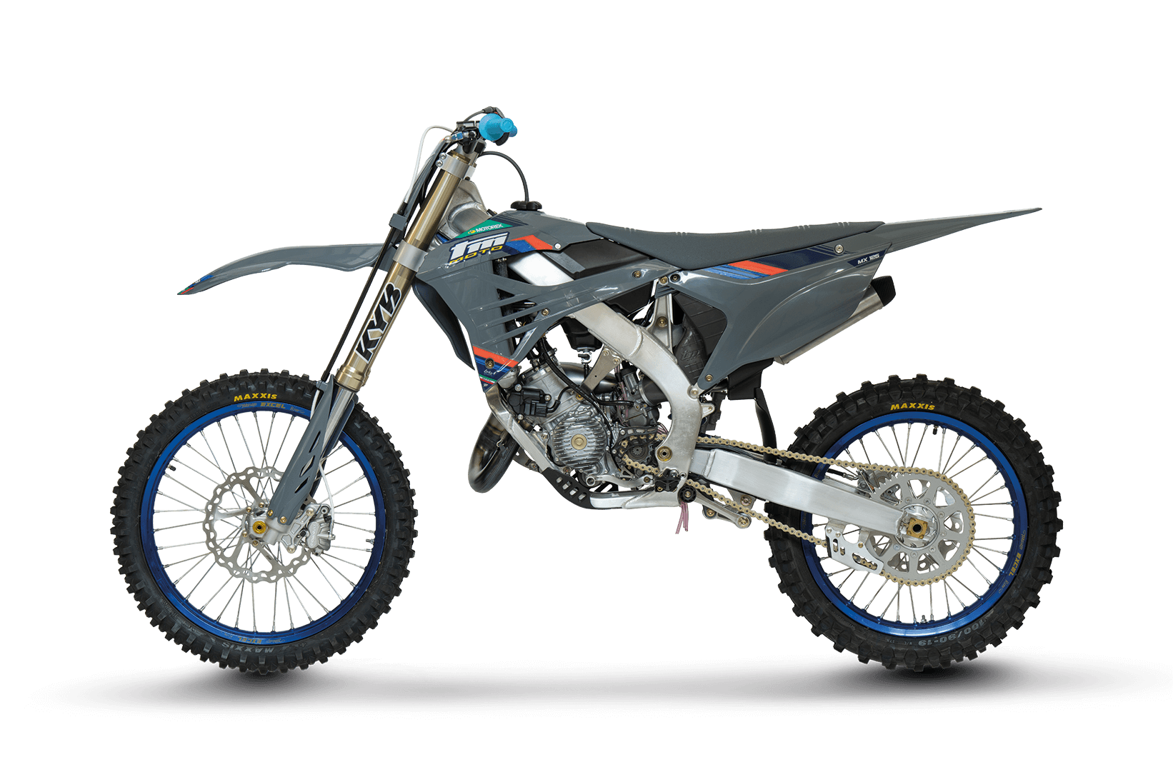 Gray and blue dirt bike on a black background